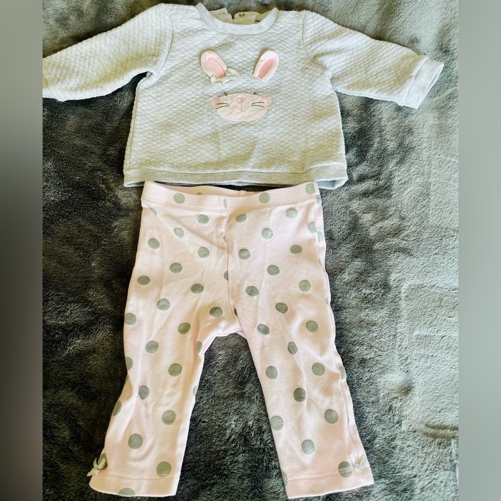 Little me long sleeve and leggings with a bunny appliqué, softest grey and pink